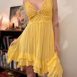Free People One Yellow Asymmetrical Sundress, V-Neck, Adjustable Straps, Size M